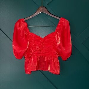 Chic Red Ruched Blouse with Puff Sleeves